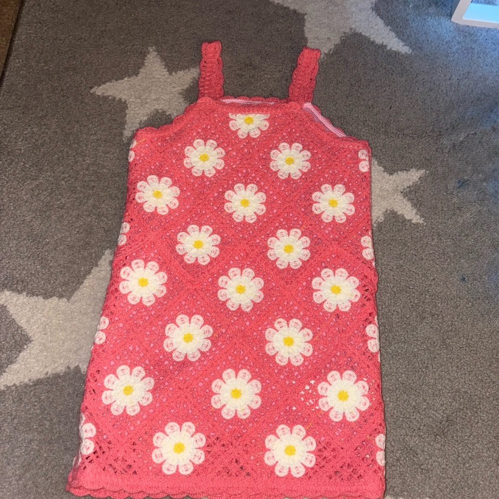 SHEIN Pink Crochet Daisy Knit Tank Dress